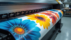 Large format digital inkjet printer in action. Printing colorful floral design on paper roll. Industrial tech, advertising, media industry, shop commercial business. Modern printing process.